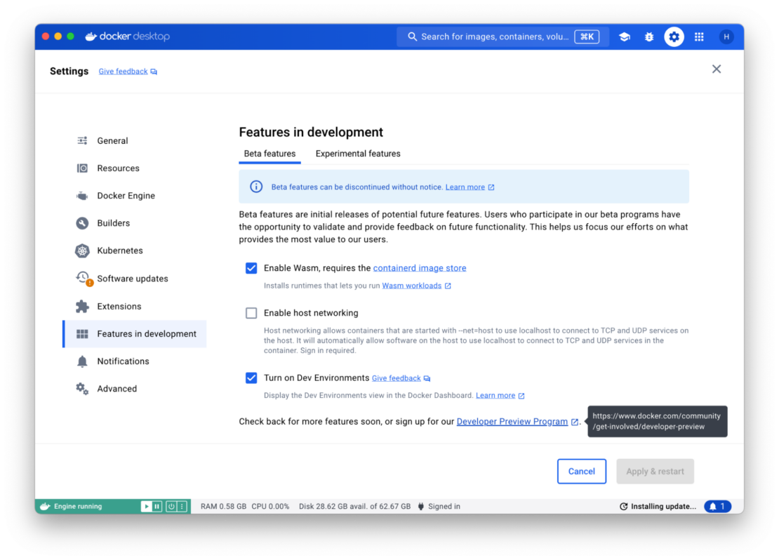 - F3 Docker Desktop Settings Beta Screenshot of Docker Desktop Settings page showing features in development with Beta and experimental features.