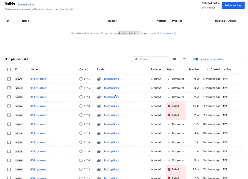 - F1 Docker ビルドログ Docker ビルド ログのアニメーション ビューで、失敗した通知と強調表示されたエラーが表示されます。