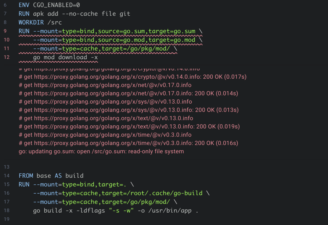 - F2 Dockerfile スタック トレース 失敗したステップの下のスタック トレースを示す Dockerfile のスクリーンショット。